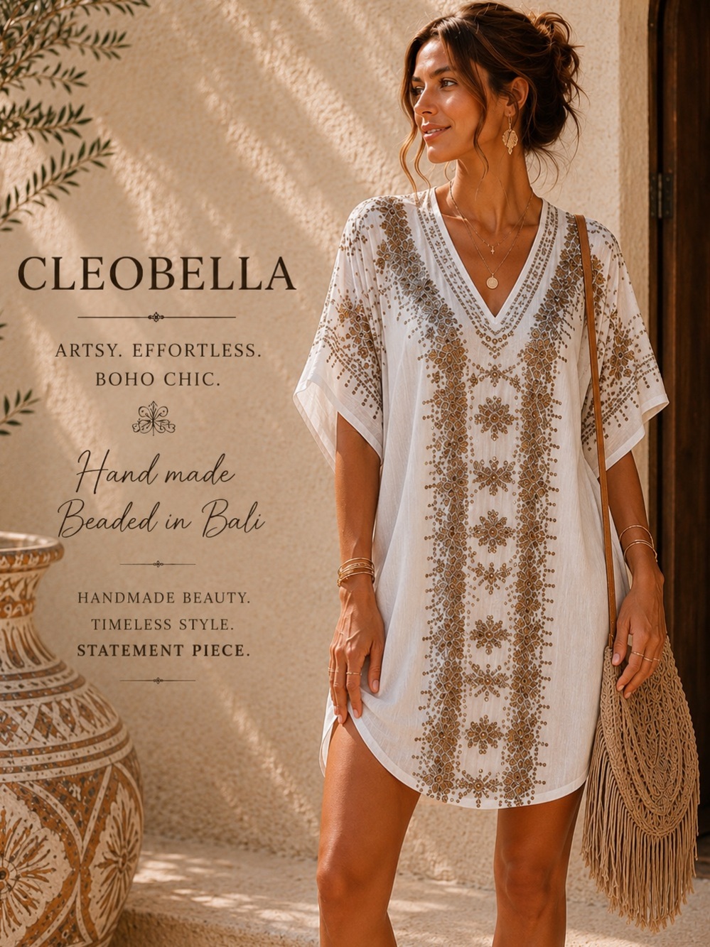 Cleobella Artsy Beaded V-Neck Mini Dress Tunic Boho Bali Handmade Boho S/M